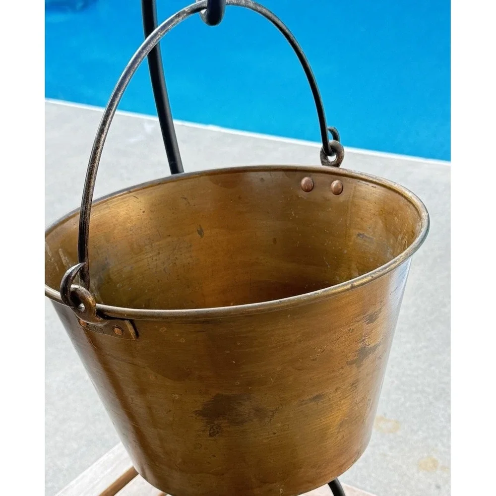 Antique Spun Brass Kettle No4 Wrought Iron Handle Primitive Early American 1800s